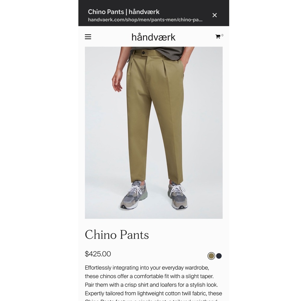 Men's Håndværk Italian Cotton Twill Pleated Chino Pants – Khaki Tan (Sz 34) NWOT